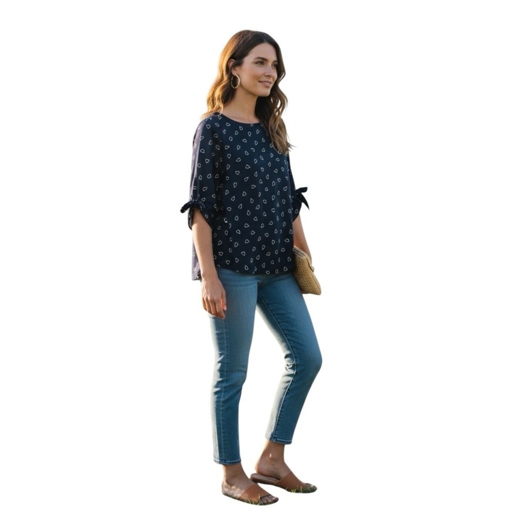 Rosie Pope Navy Abstract Print Bow Sleeve Blouse XL Career Top Workwear in EUC